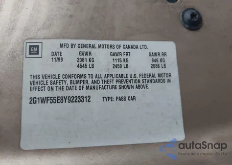 2000 Chevrolet Impala из США, поврежденный, VIN 2G1WF55E8Y9223312